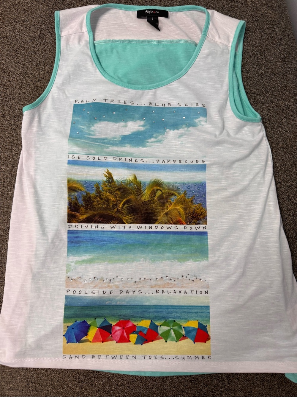 Style & Co. White Tank with Mint Trim and Multicolor Beach Graphic